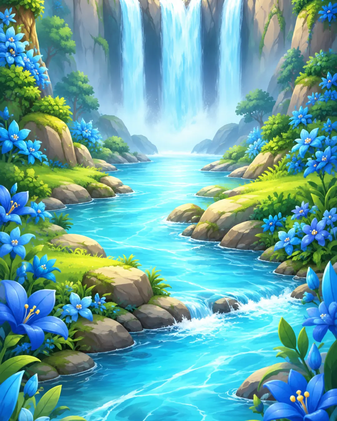 The River of Life garden fully restored: a bright waterfall, a blue river and flowering banks.